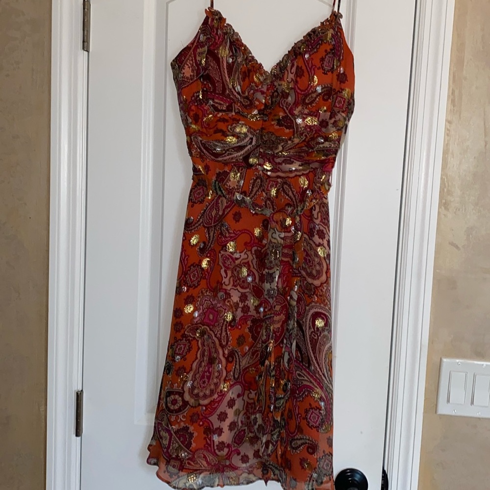 Muse dress. Size 2. Orange with metallic paisley design.